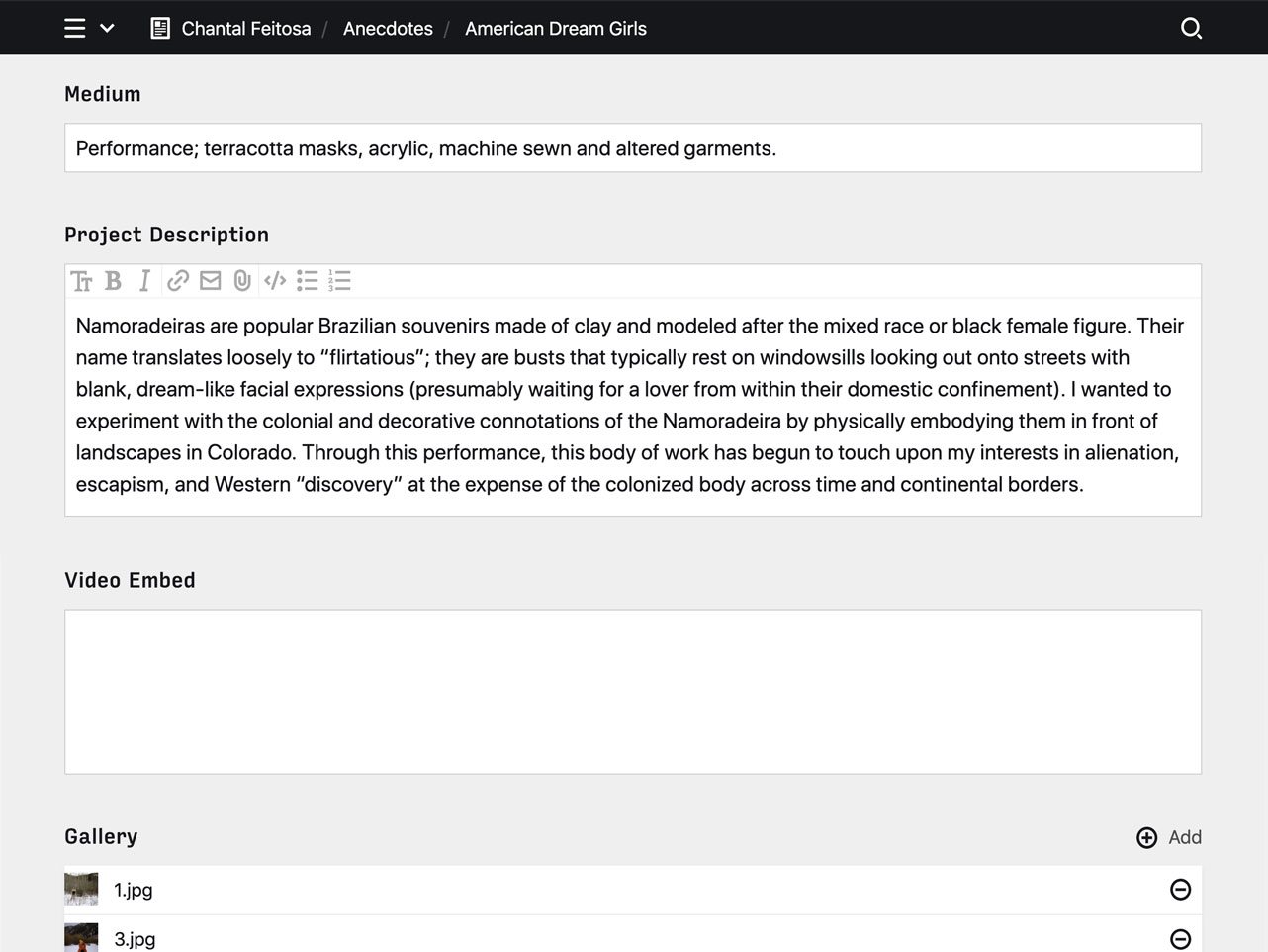 Backend screenshot of chantalfeitosa.com