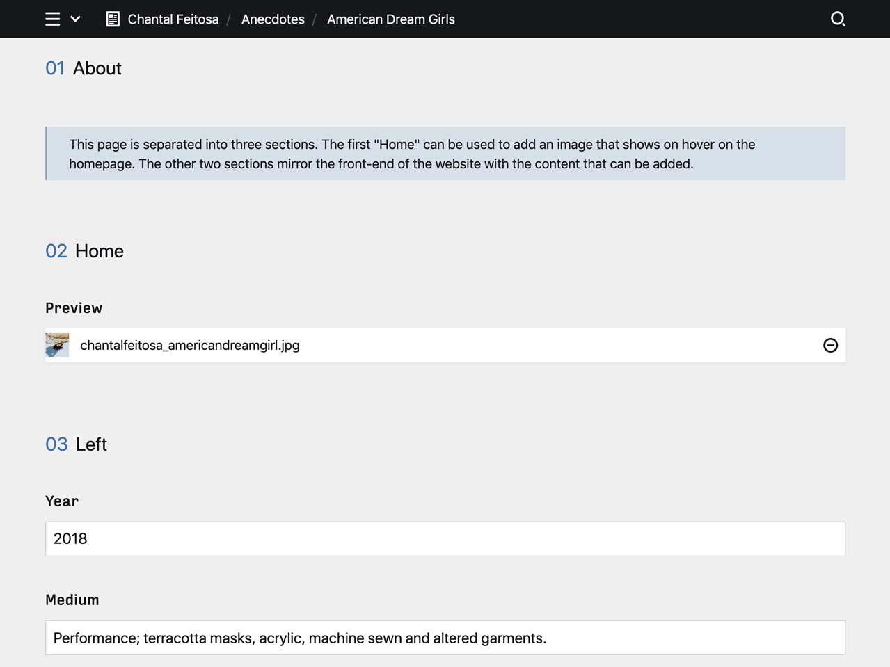 Backend screenshot of chantalfeitosa.com
