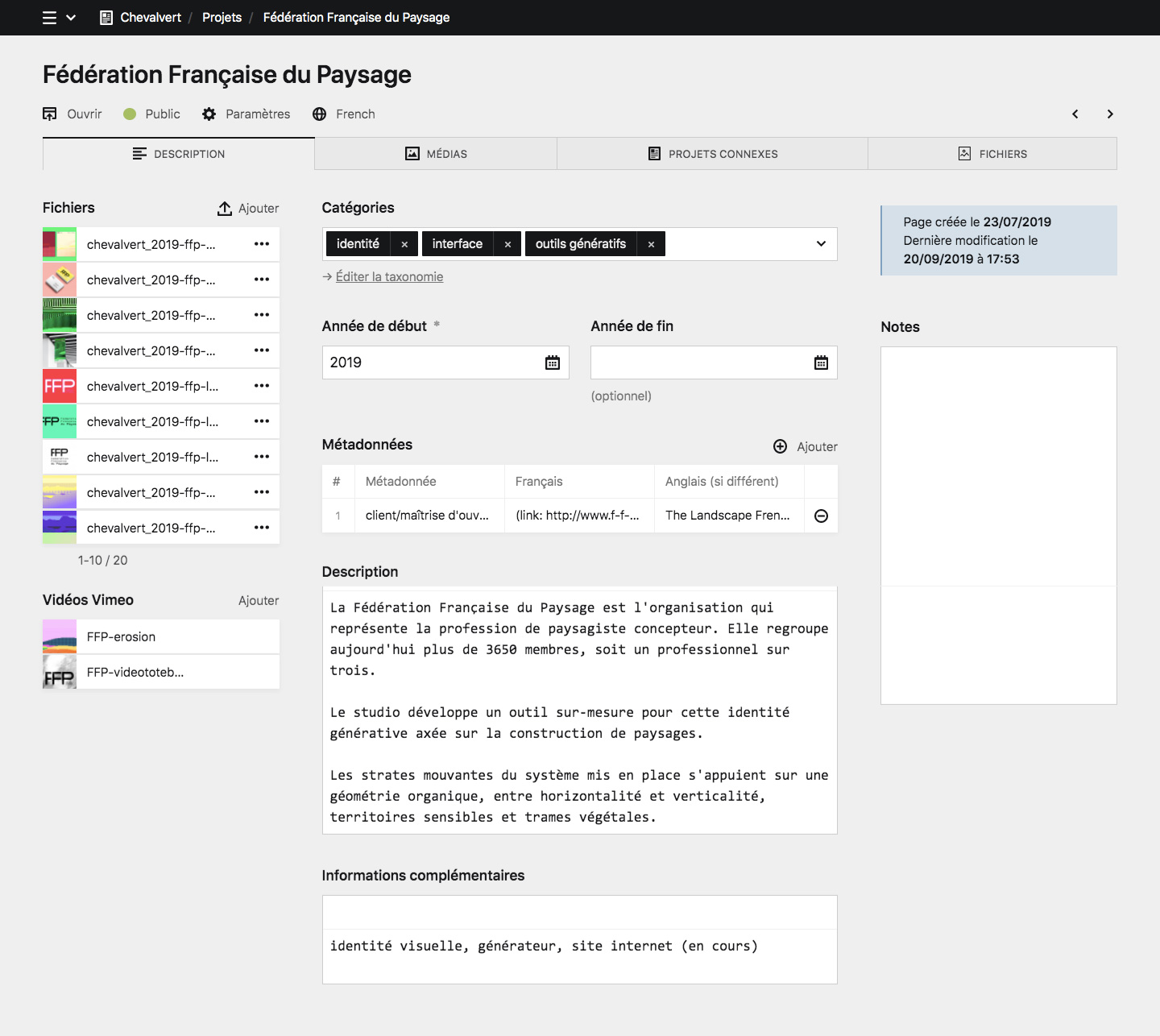 Backend screenshot of chevalvert.fr