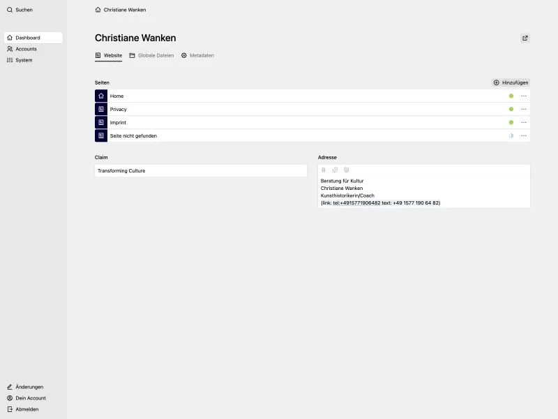 Backend screenshot of kultur-transformieren.de