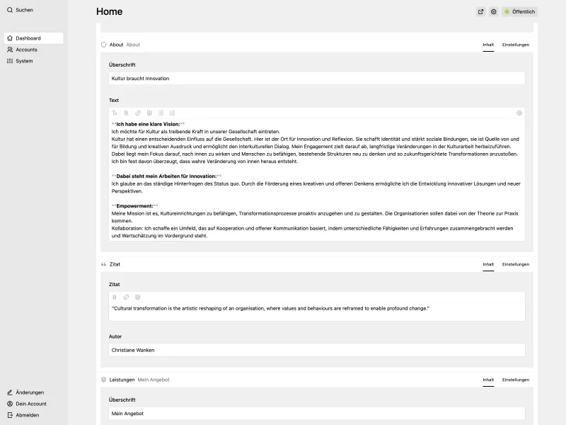 Backend screenshot of kultur-transformieren.de