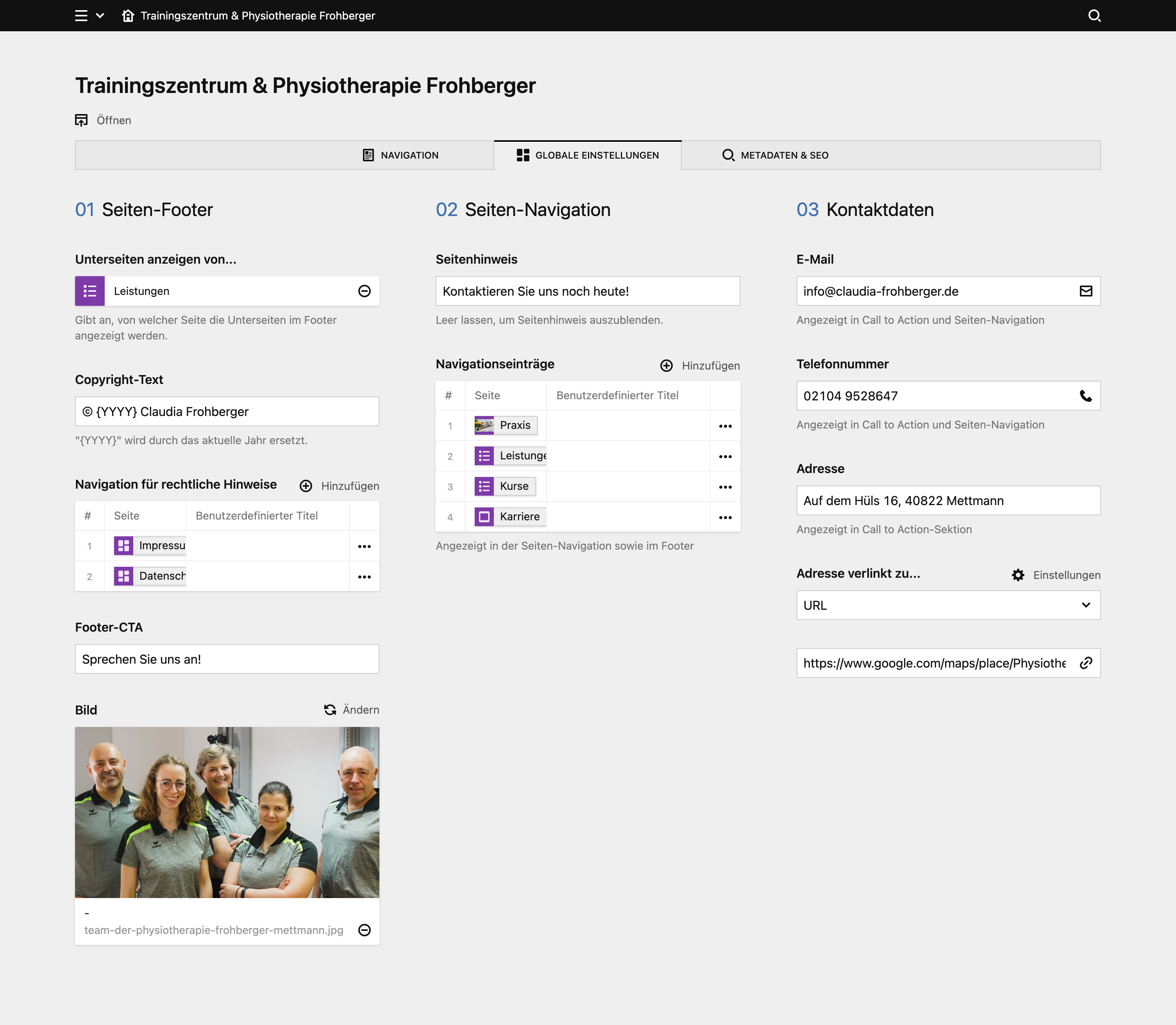 Backend screenshot of claudia-frohberger.de