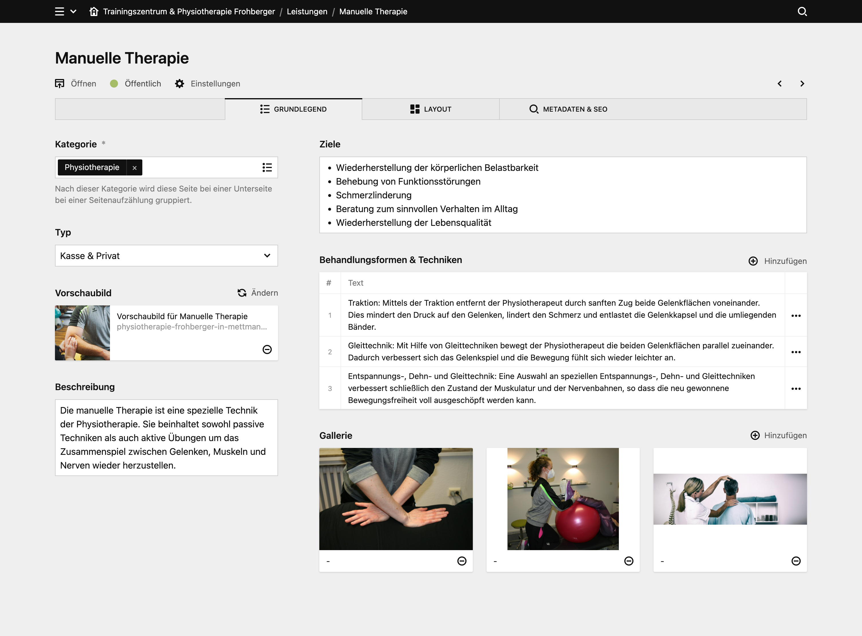 Backend screenshot of claudia-frohberger.de