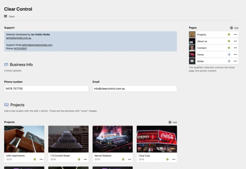 Backend screenshot of clearcontrol.com.au