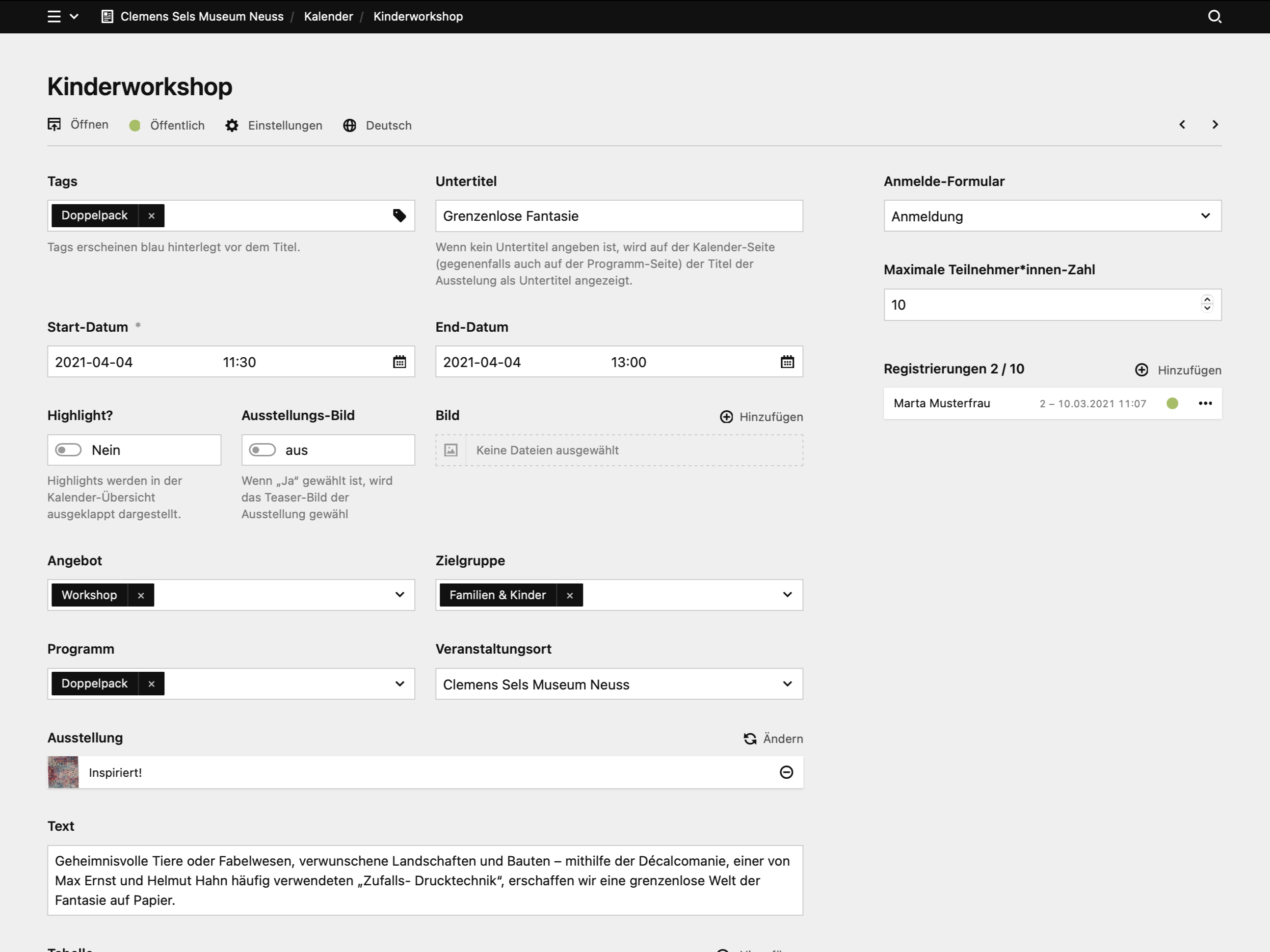 Backend screenshot of clemens-sels-museum-neuss.de
