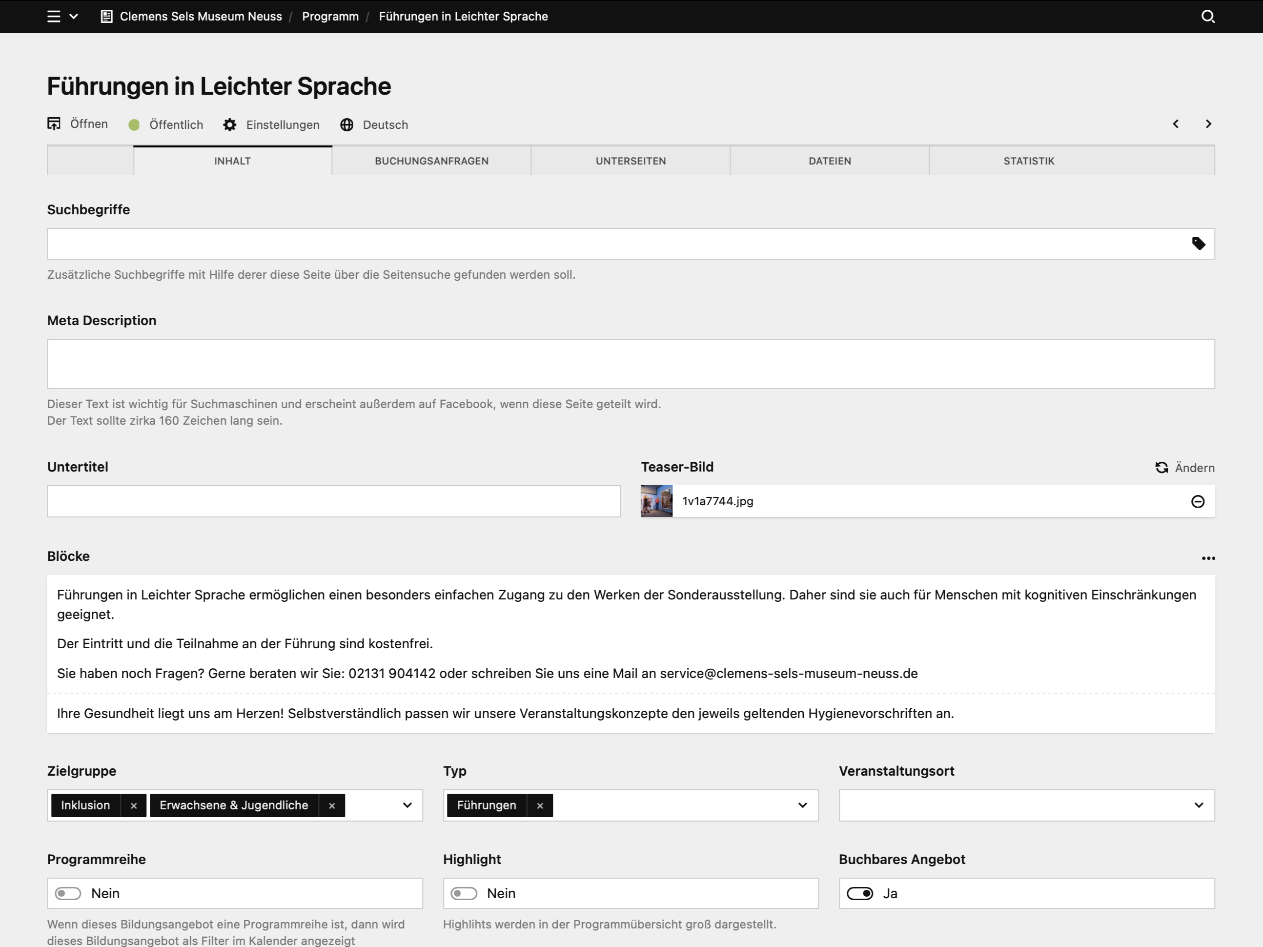 Backend screenshot of clemens-sels-museum-neuss.de