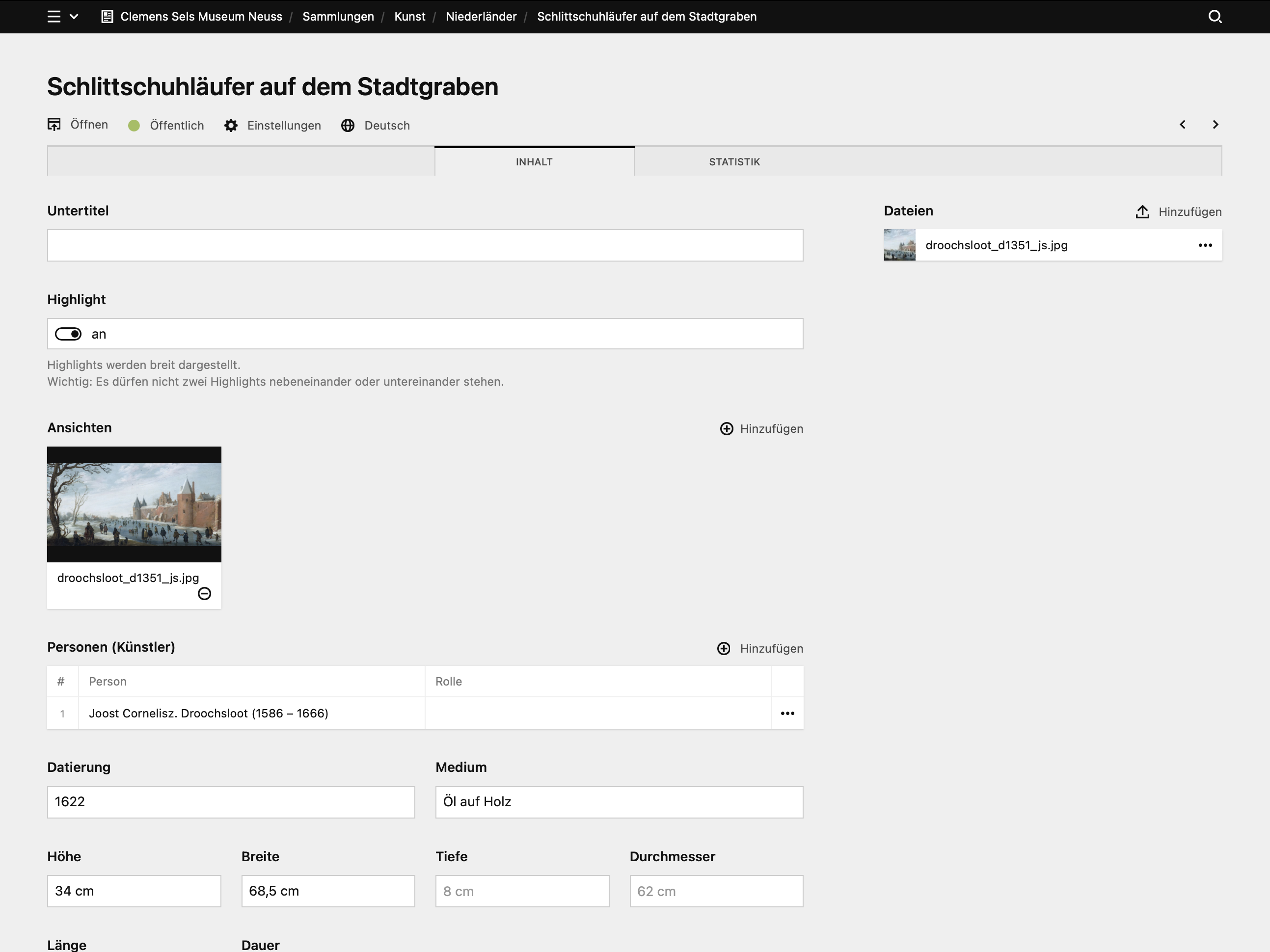 Backend screenshot of clemens-sels-museum-neuss.de