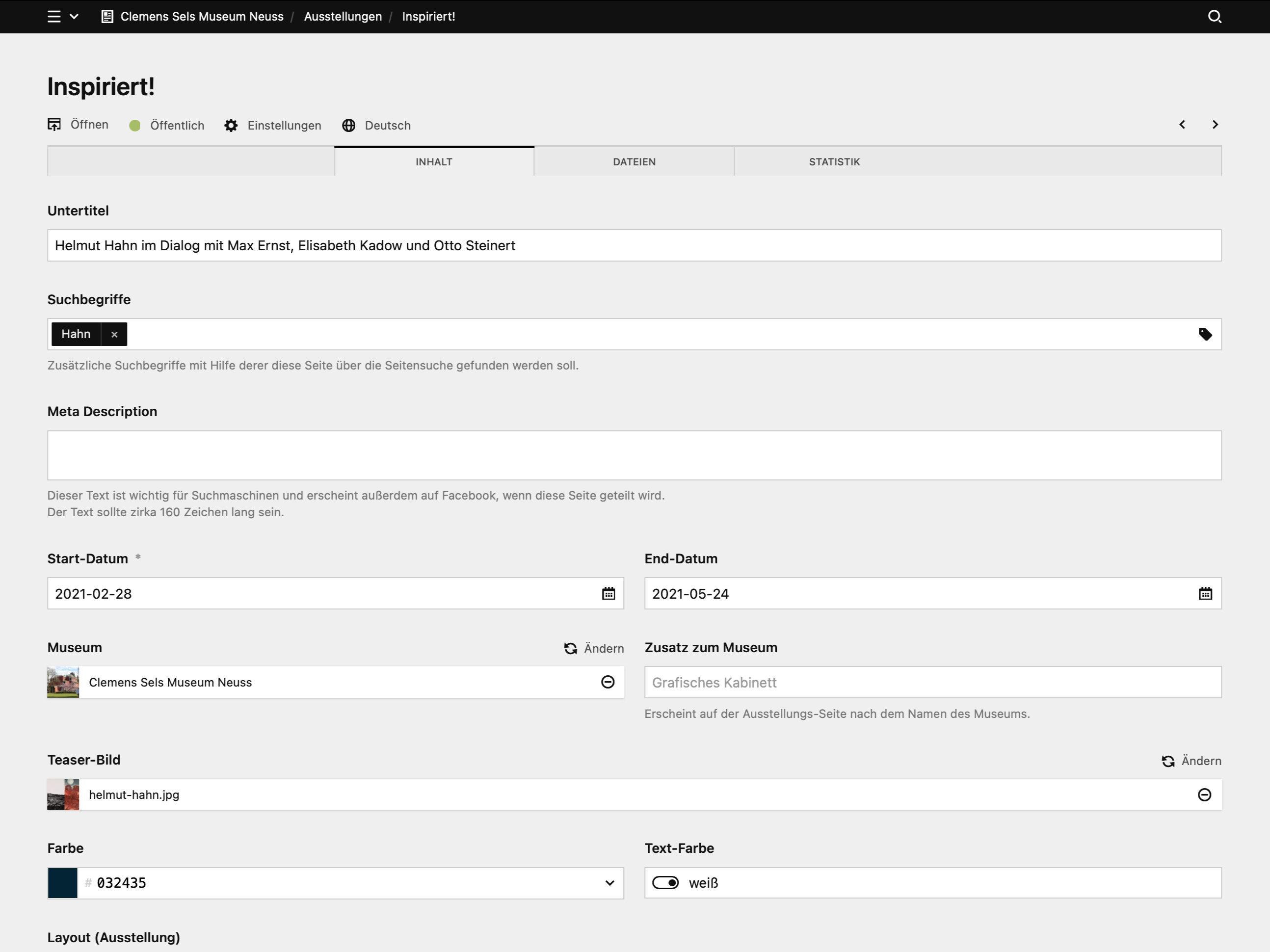 Backend screenshot of clemens-sels-museum-neuss.de