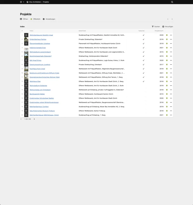 Backend screenshot of clouarchitekten.ch