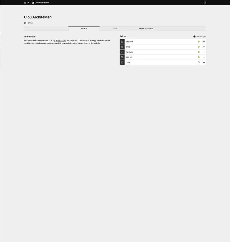 Backend screenshot of clouarchitekten.ch