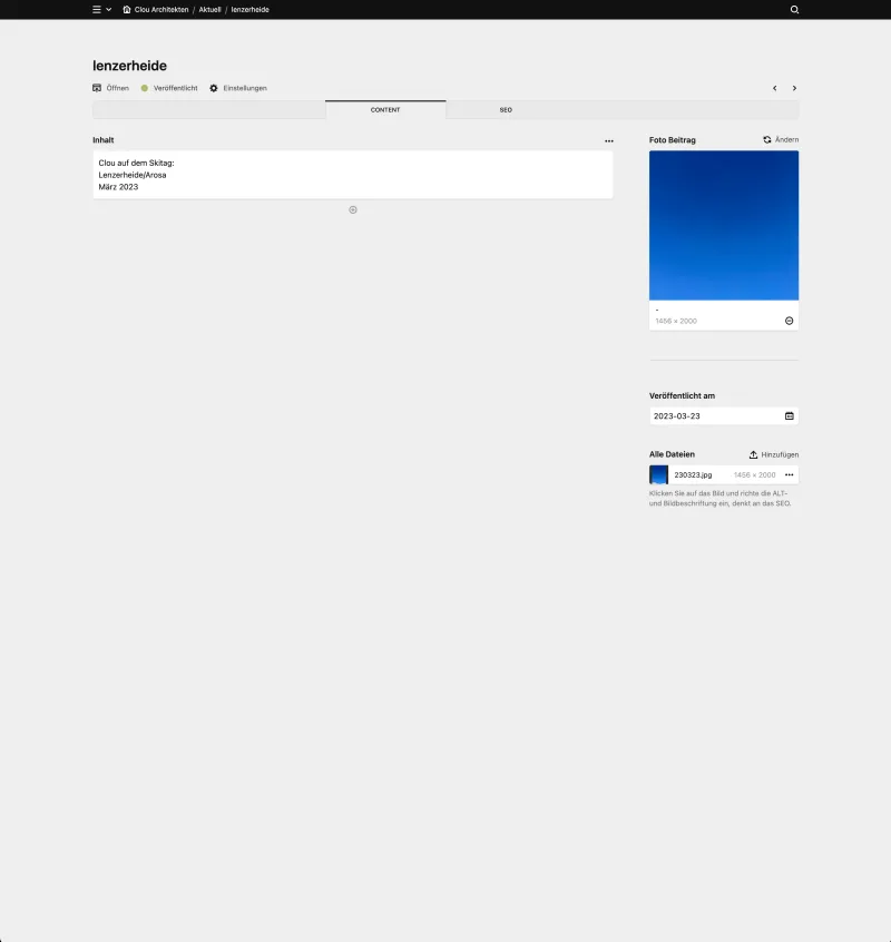 Backend screenshot of clouarchitekten.ch