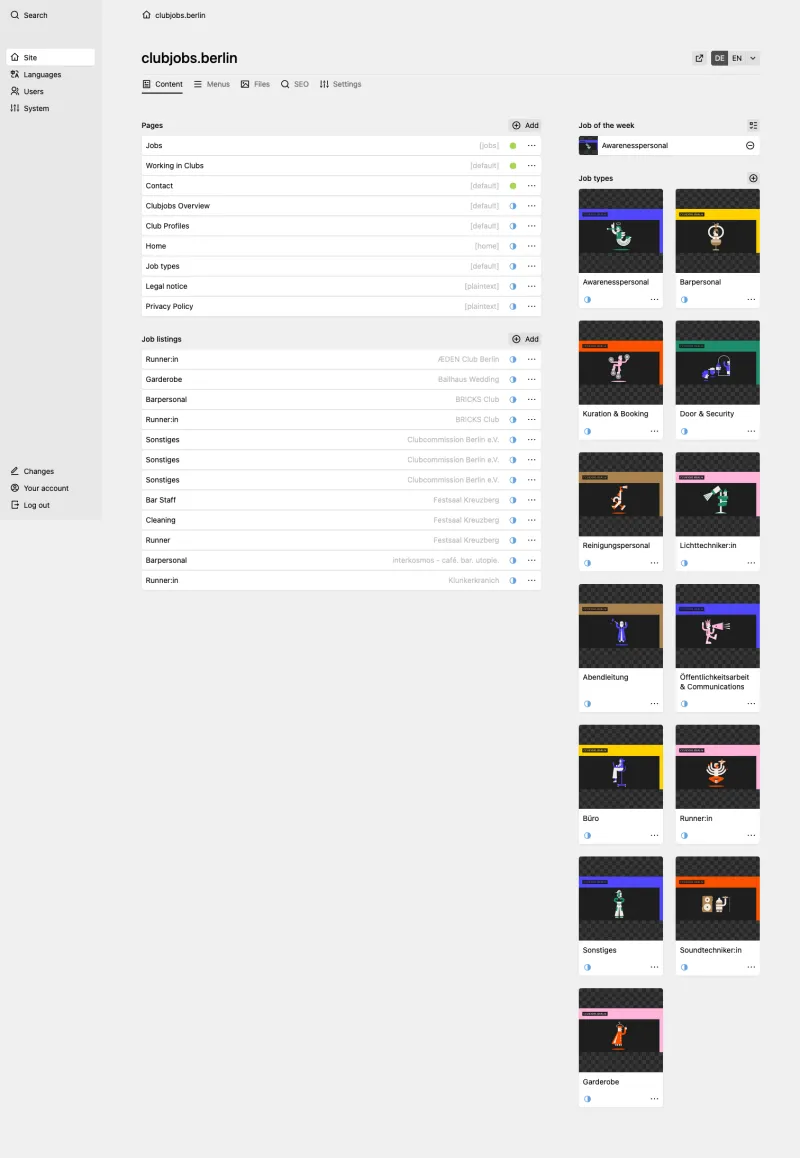 Backend screenshot of clubjobs.berlin