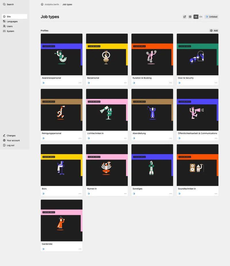 Backend screenshot of clubjobs.berlin