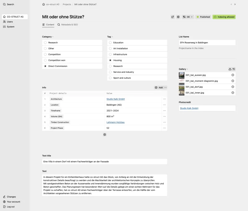 Backend screenshot of co-struct.ch