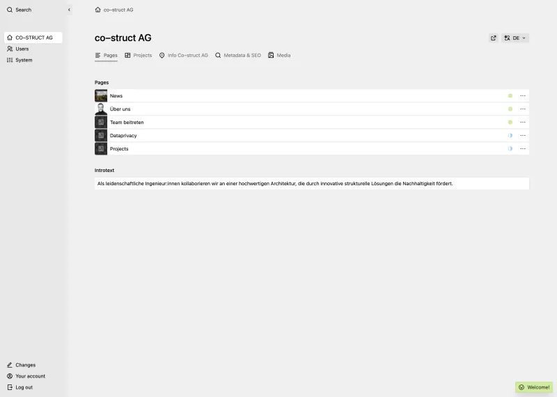 Backend screenshot of co-struct.ch