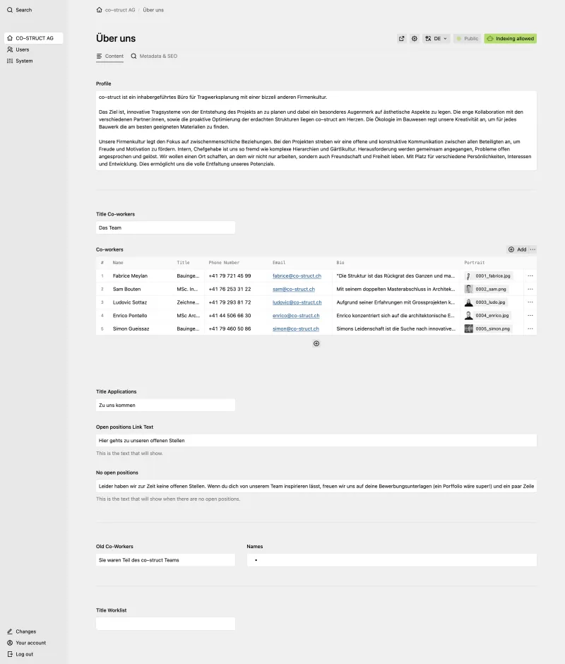 Backend screenshot of co-struct.ch