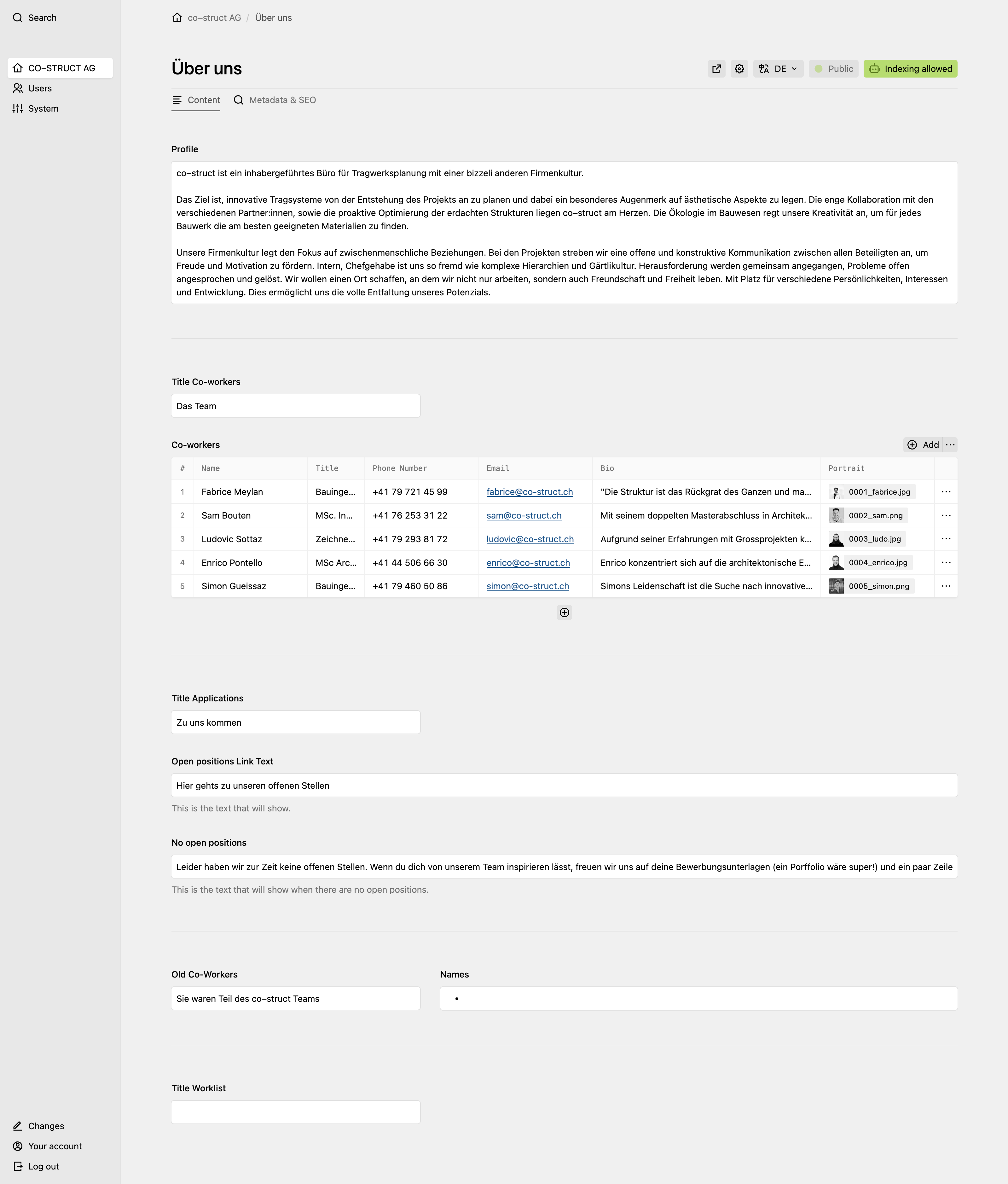 Backend screenshot of co-struct.ch