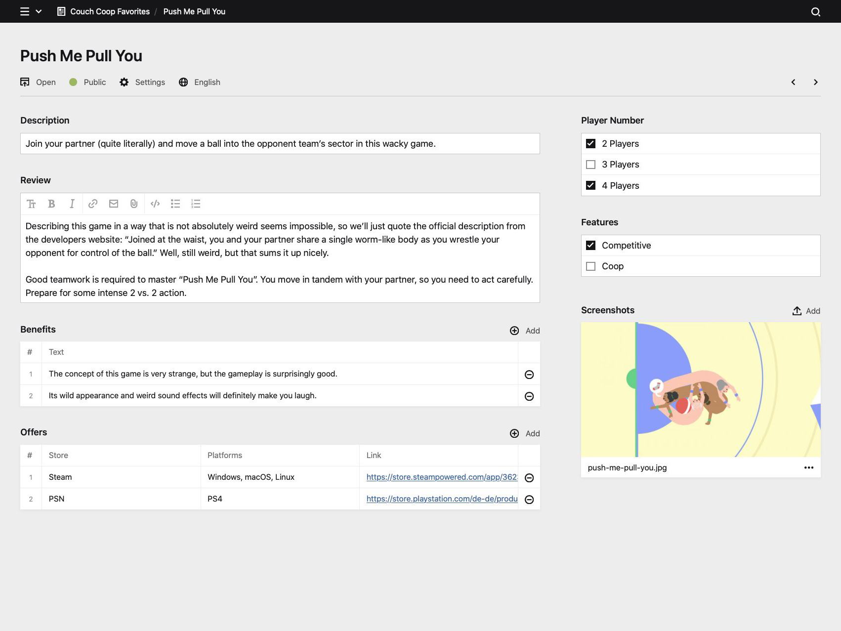 Backend screenshot of couchcoopfavorites.com