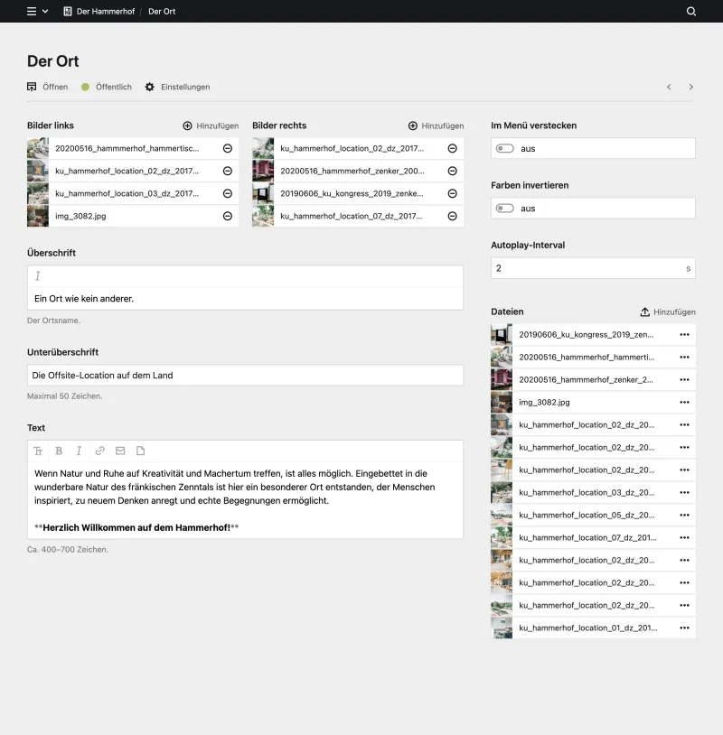 Backend screenshot of derhammerhof.de