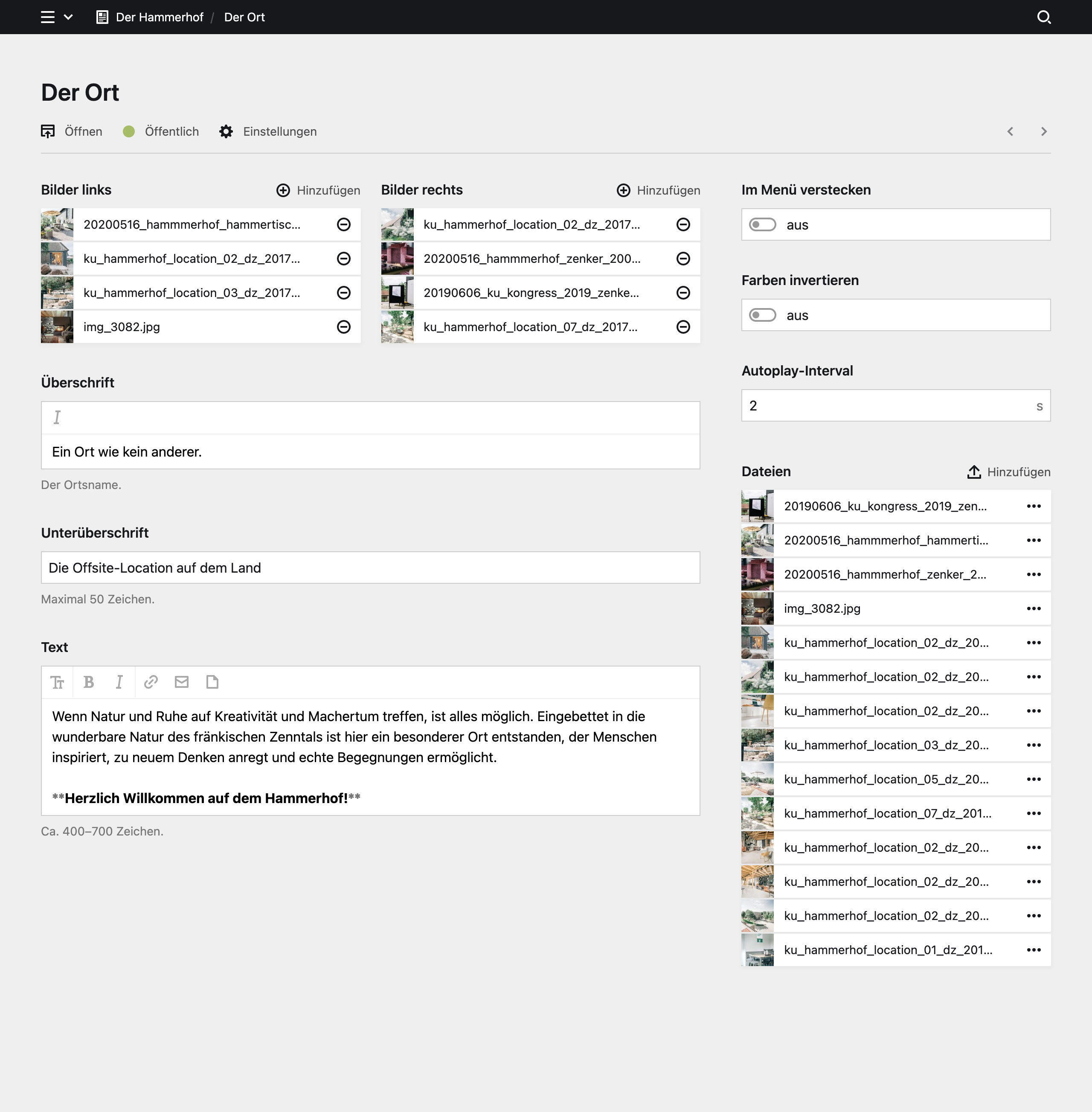 Backend screenshot of derhammerhof.de