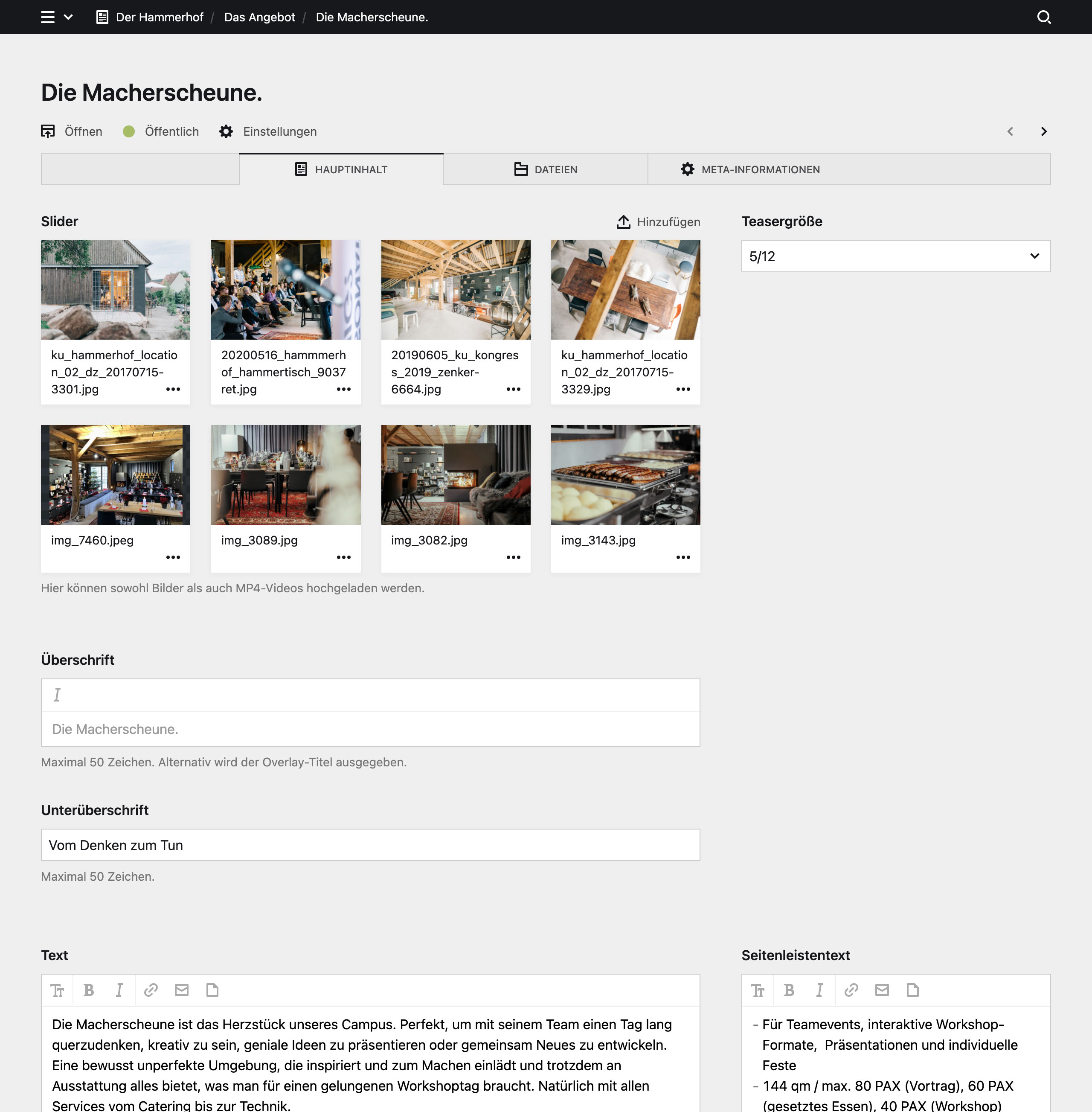 Backend screenshot of derhammerhof.de
