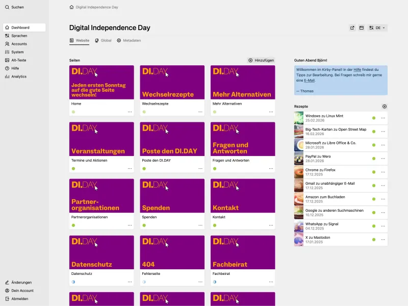 Kirby Panel dashboard for "Digital Independence Day" showing a big pages section with colorful purple cards and a sidebar with a welcome message and a recipes list.