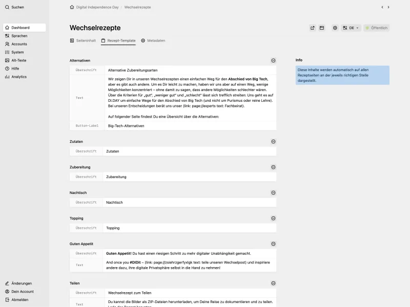 Panel page for "Wechselrezepte" on the "Rezept-Template" tab showing multiple collapsed object fields for recipe sections like Alternativen, Zutaten, Zubereitung, and Teilen, with an info field in the sidebar.