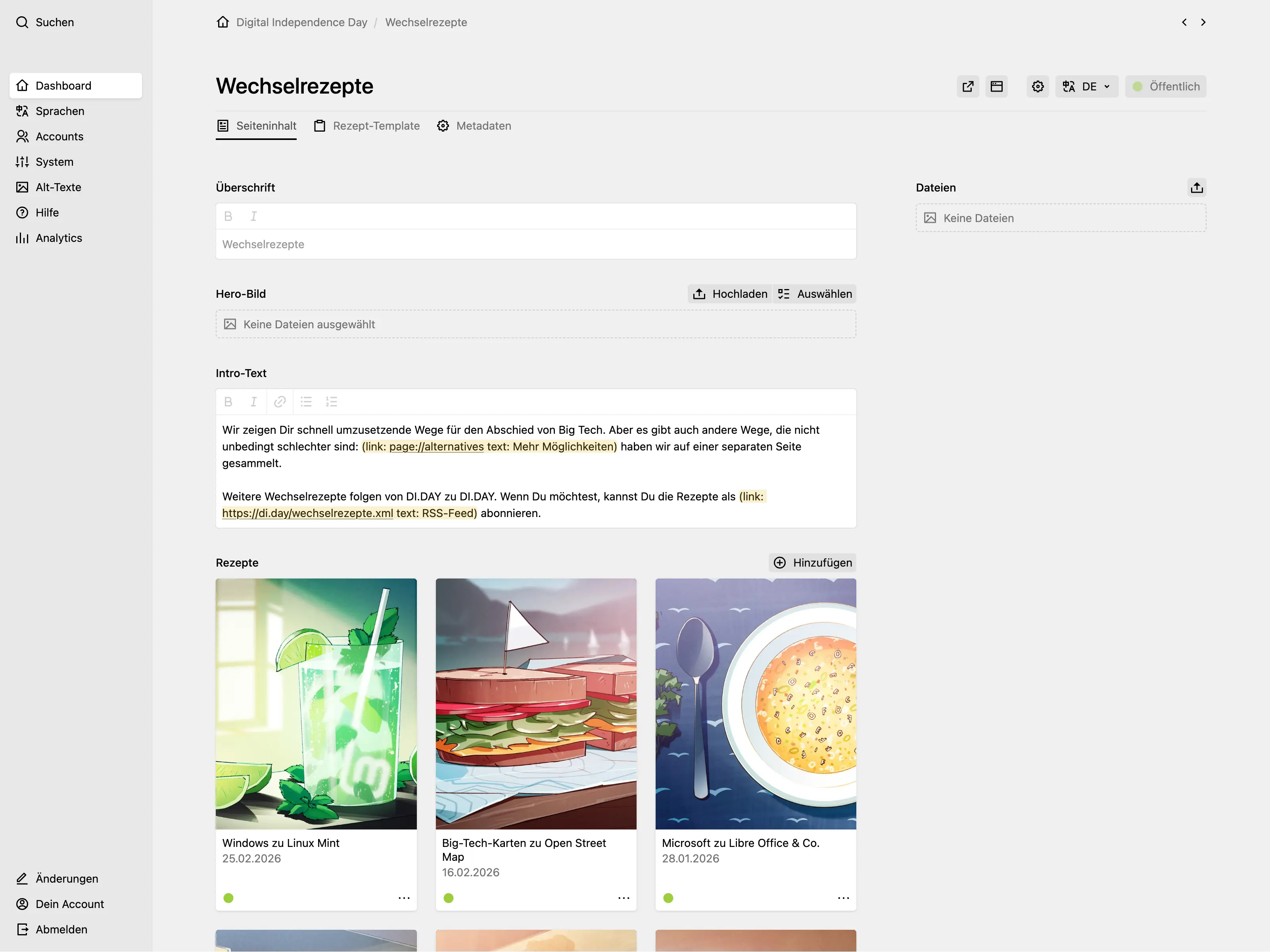 Panel page for "Wechselrezepte" showing a headline, a hero image field, intro text with links, and a pages section displaying recipe cards with cover images, titles and dates.