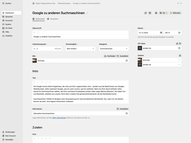 Panel page for a recipe titled "Google zu anderen Suchmaschinen" showing fields for headline, preparation time, difficulty, category, an image picker, intro text, and some others.