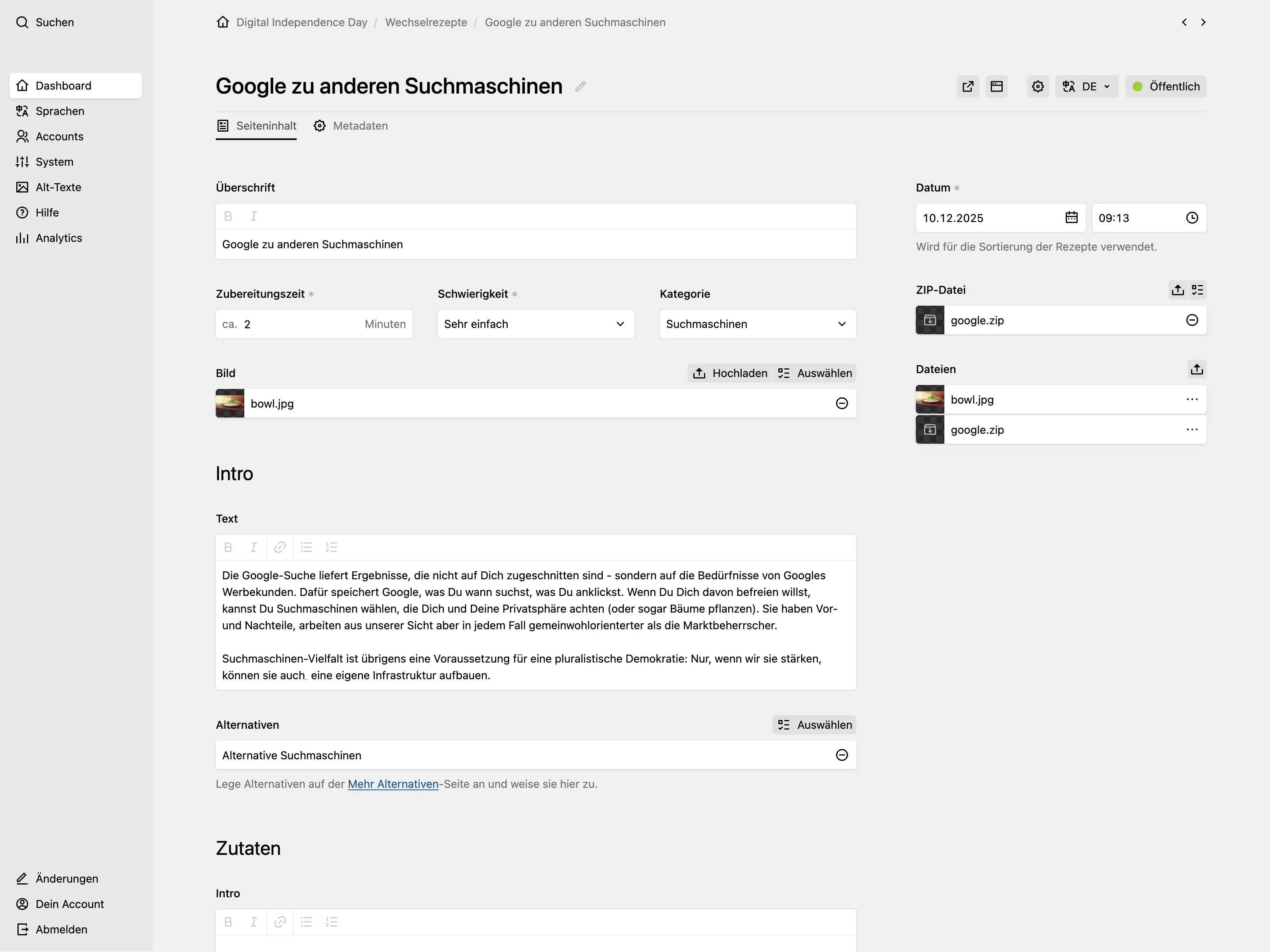 Panel page for a recipe titled "Google zu anderen Suchmaschinen" showing fields for headline, preparation time, difficulty, category, an image picker, intro text, and some others.