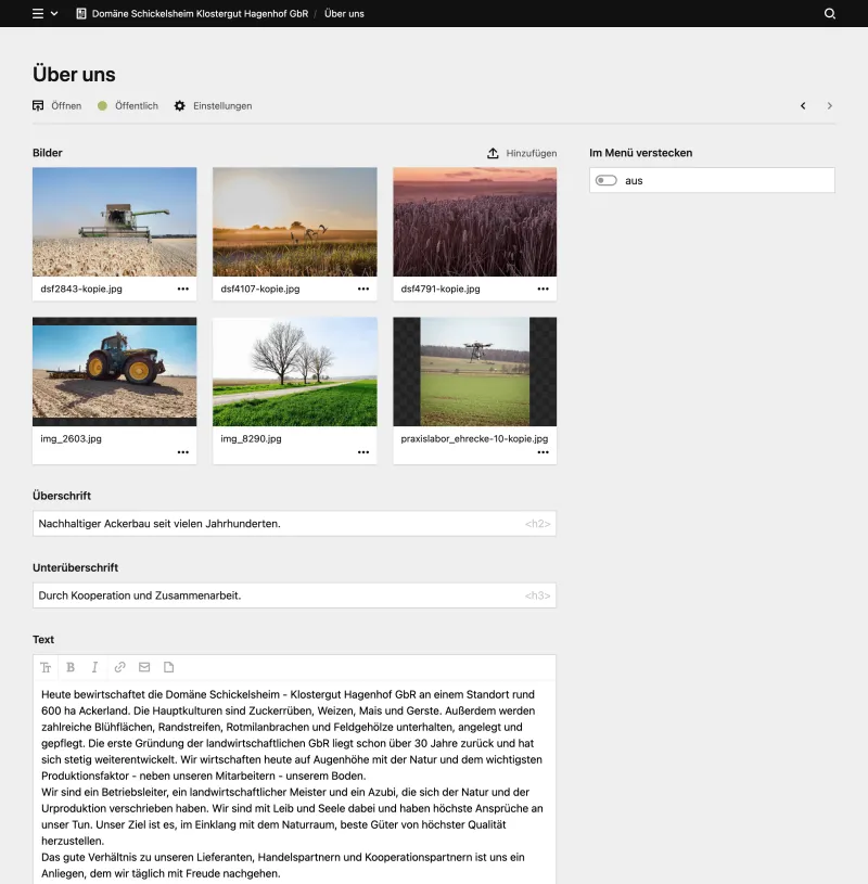 Backend screenshot of schickelsheimhagenhof.de