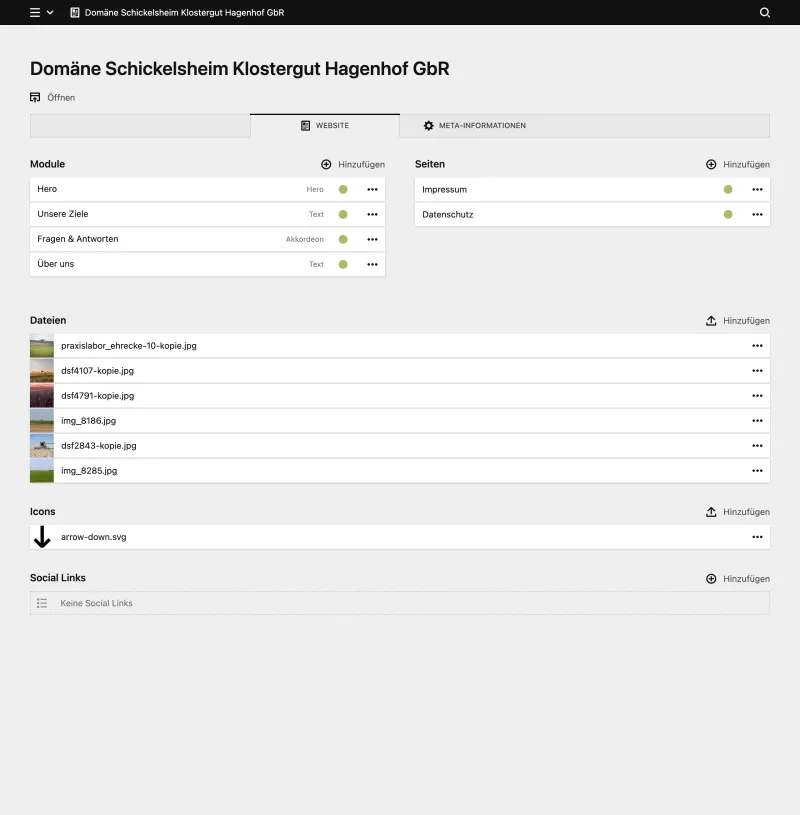 Backend screenshot of schickelsheimhagenhof.de