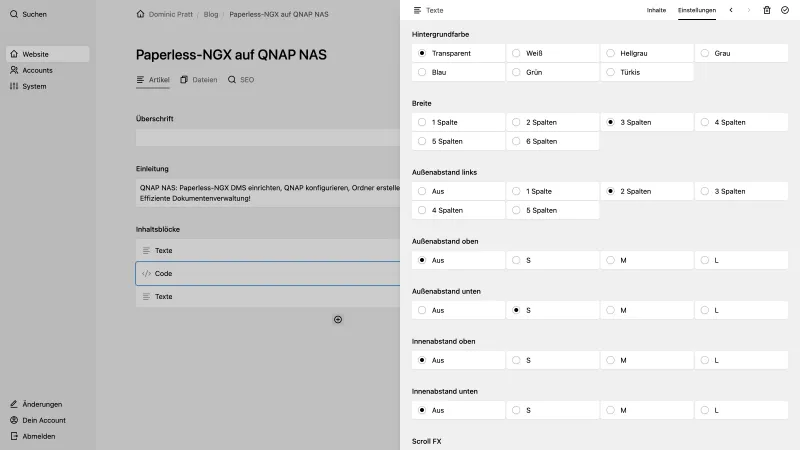 Backend screenshot of pratt.de