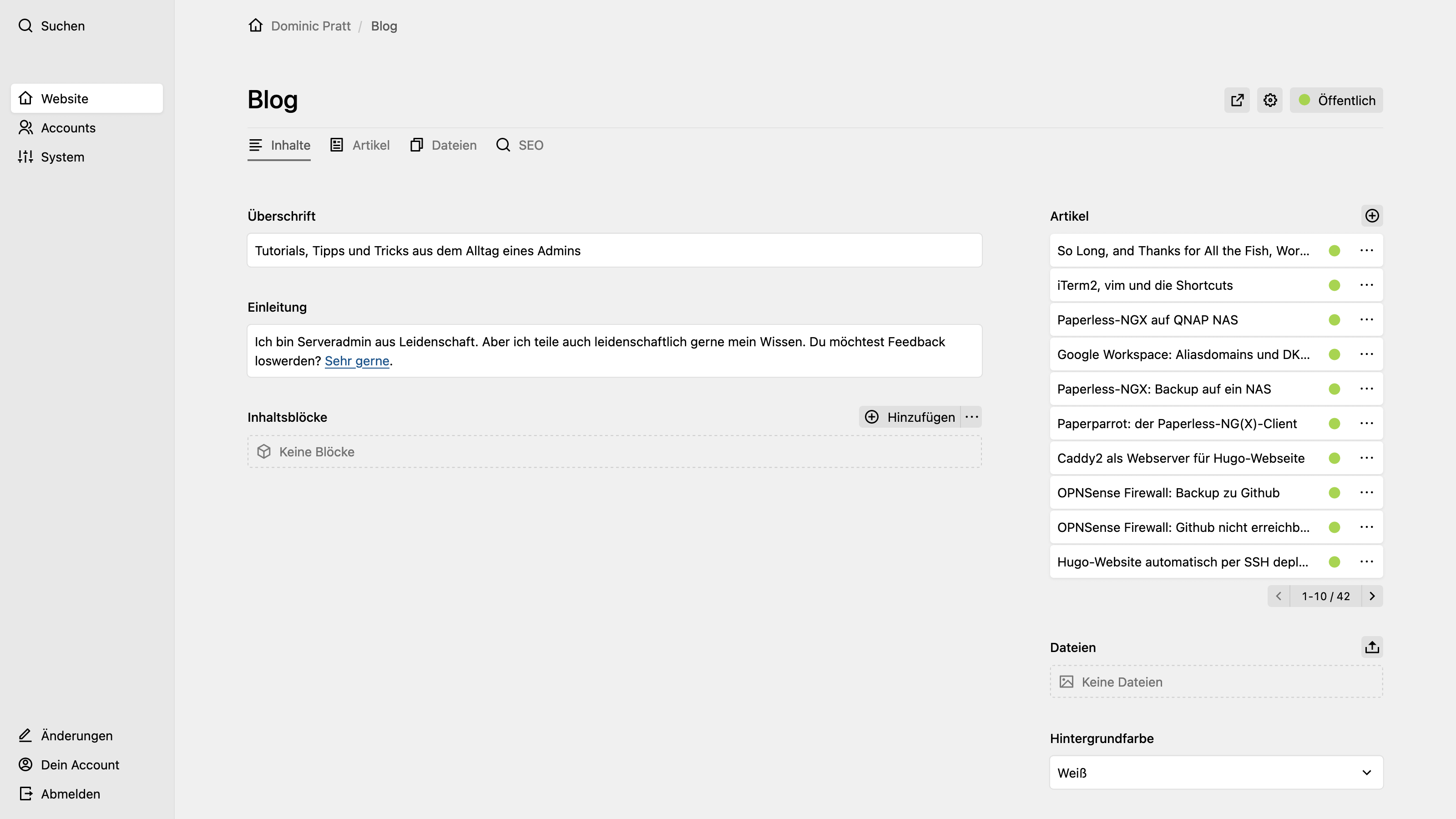 Backend screenshot of pratt.de
