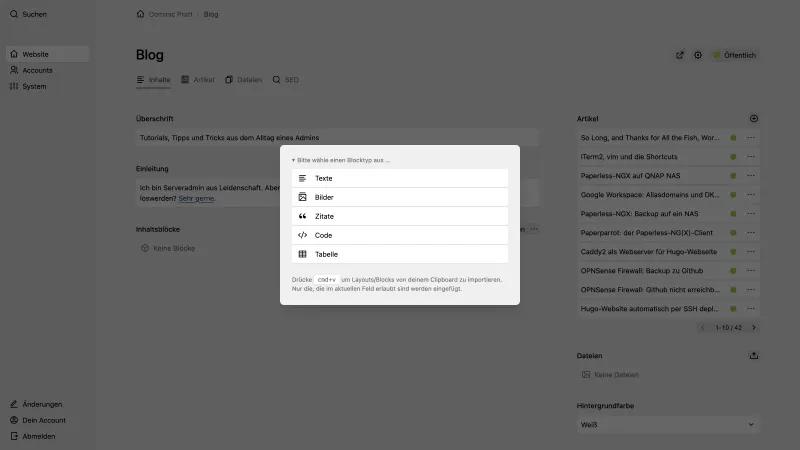 Backend screenshot of pratt.de