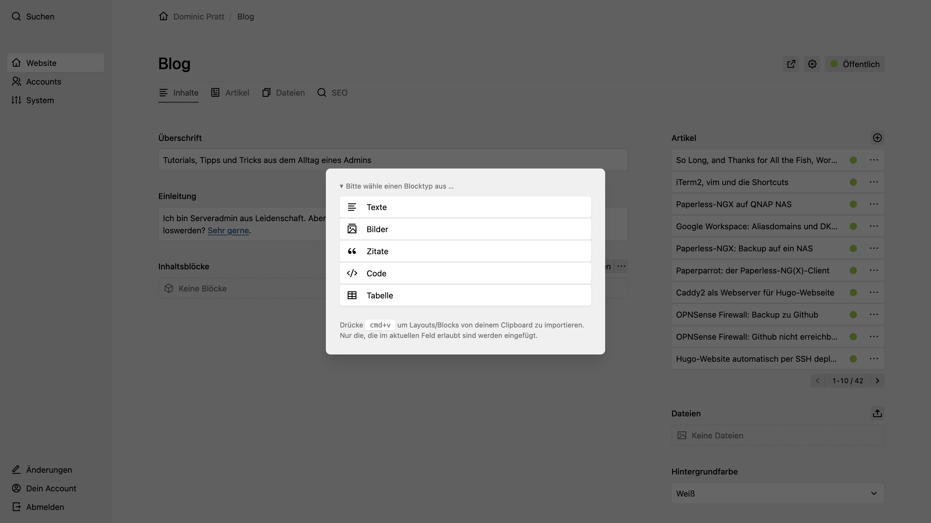 Backend screenshot of pratt.de