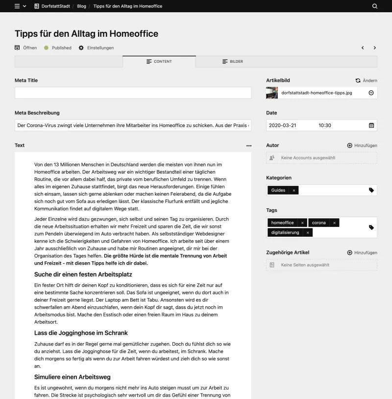 Backend screenshot of dorfstattstadt.de