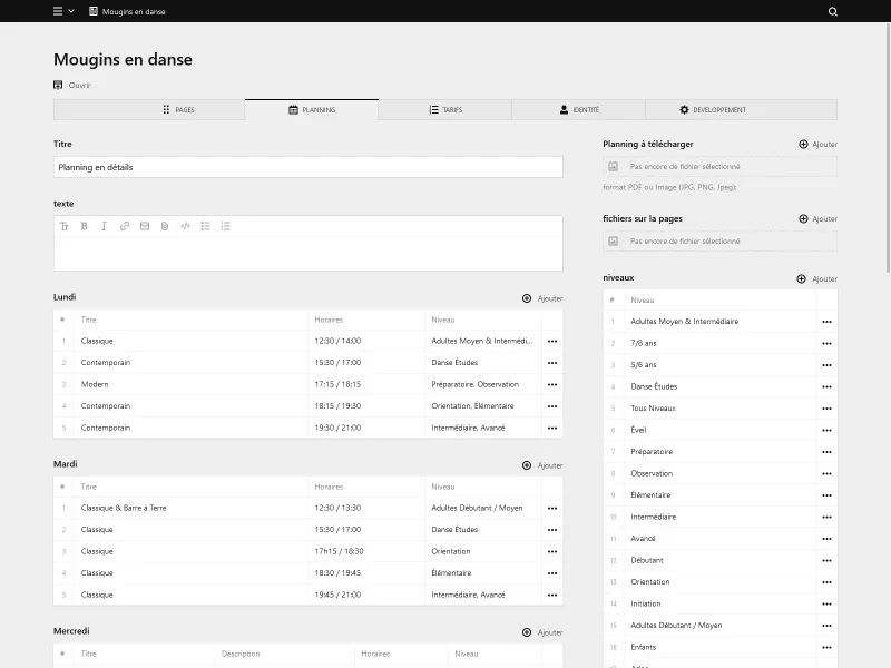 Backend screenshot of mouginsendanse.fr