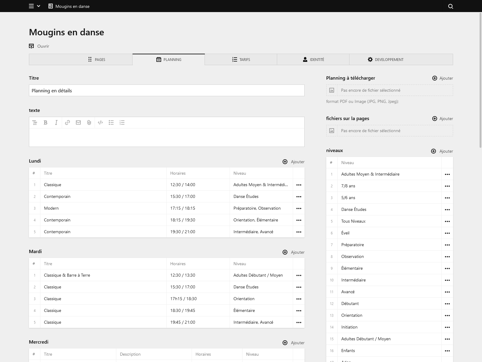 Backend screenshot of mouginsendanse.fr