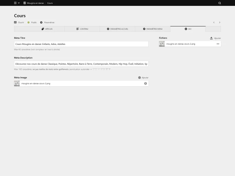 Backend screenshot of mouginsendanse.fr