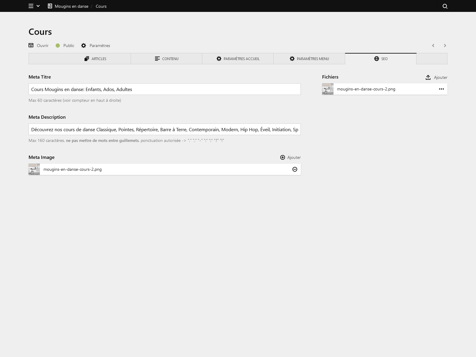 Backend screenshot of mouginsendanse.fr