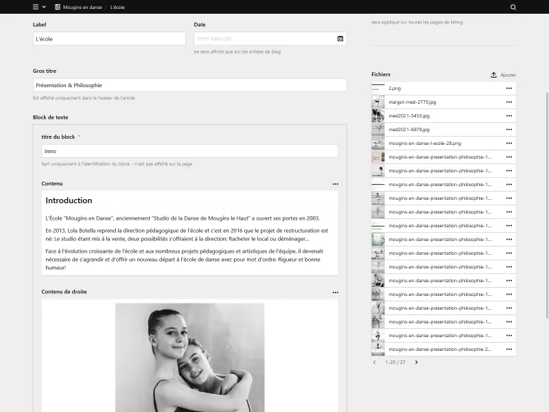 Backend screenshot of mouginsendanse.fr