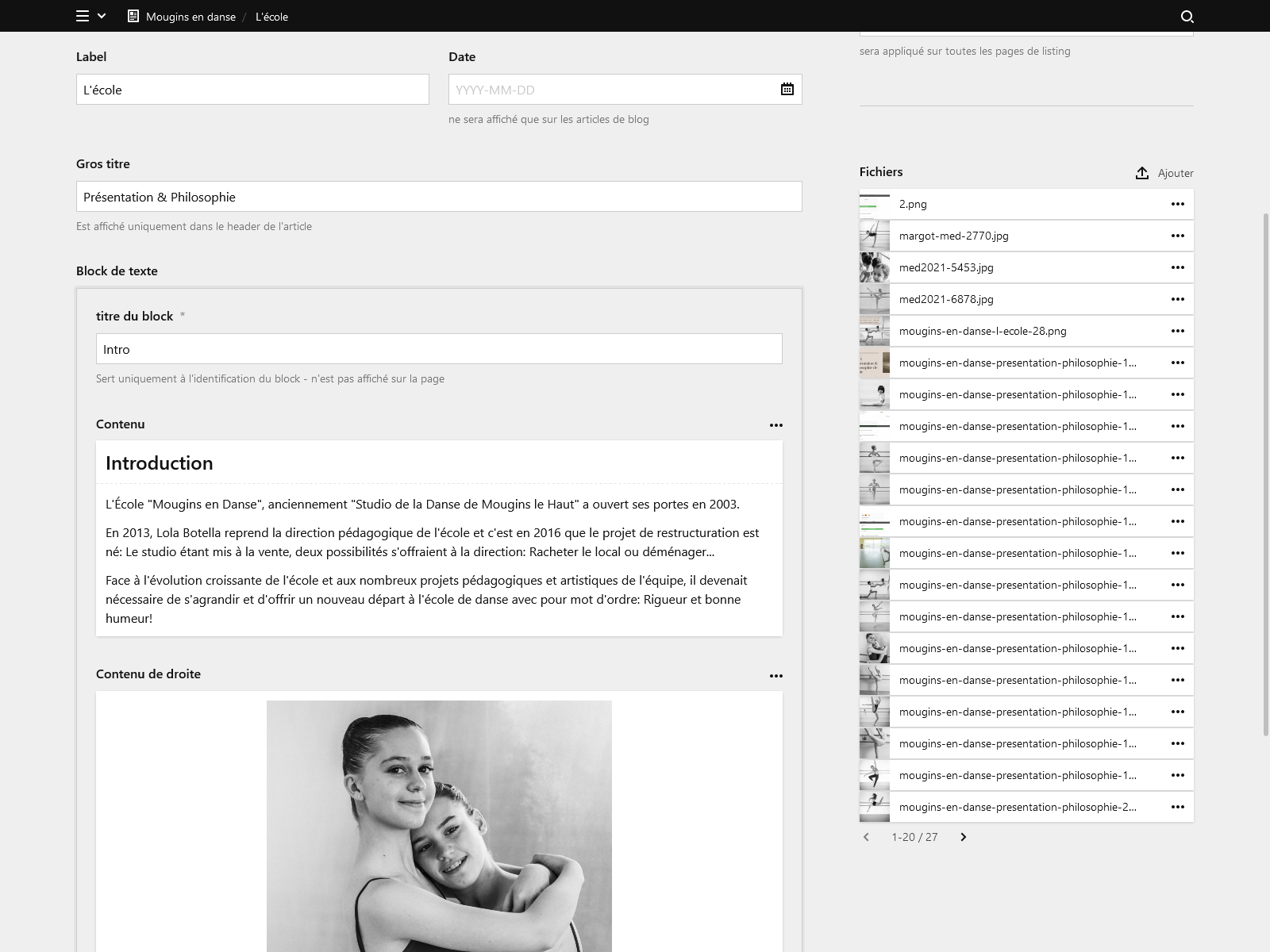 Backend screenshot of mouginsendanse.fr