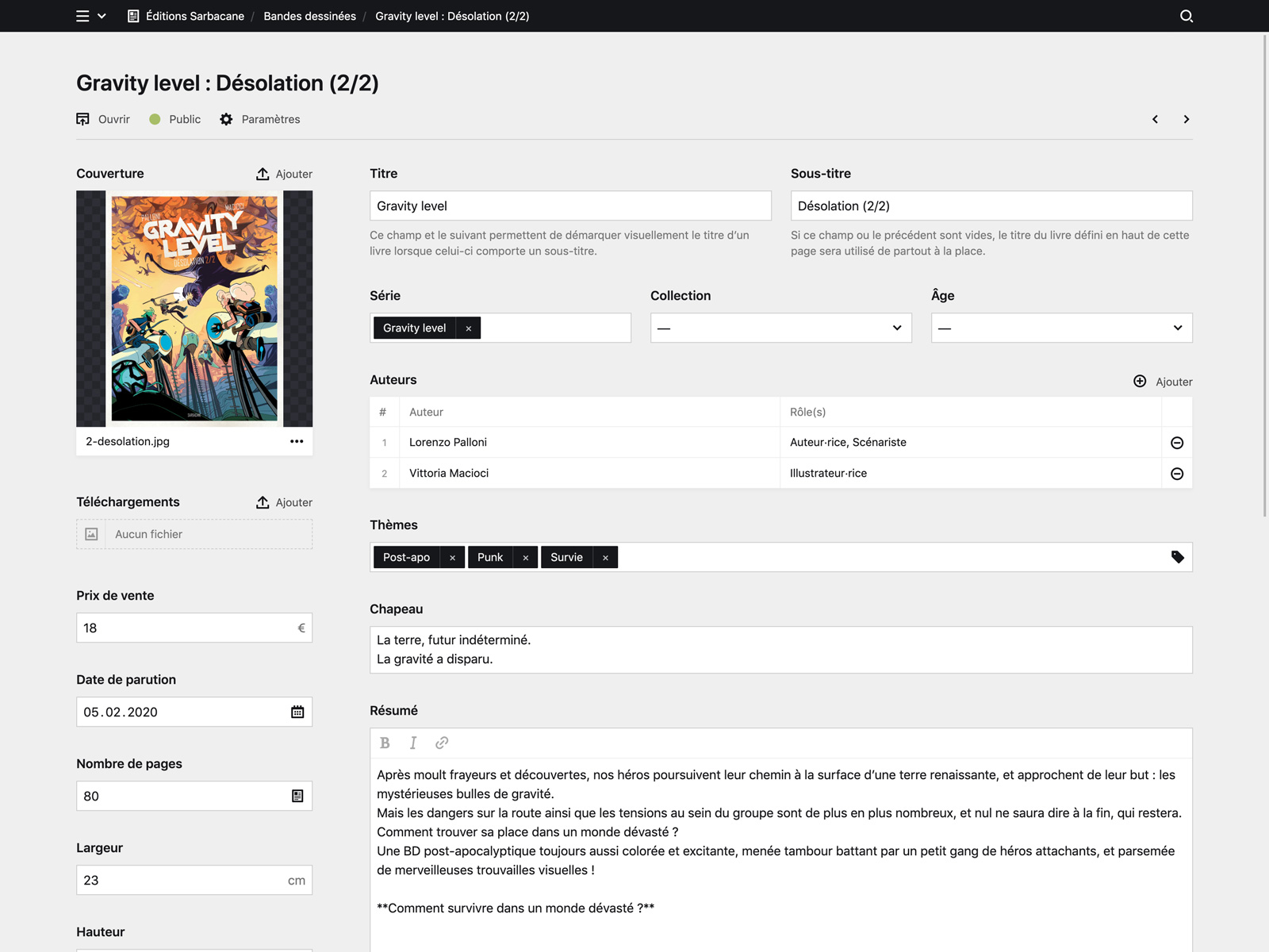 Backend screenshot of editions-sarbacane.com