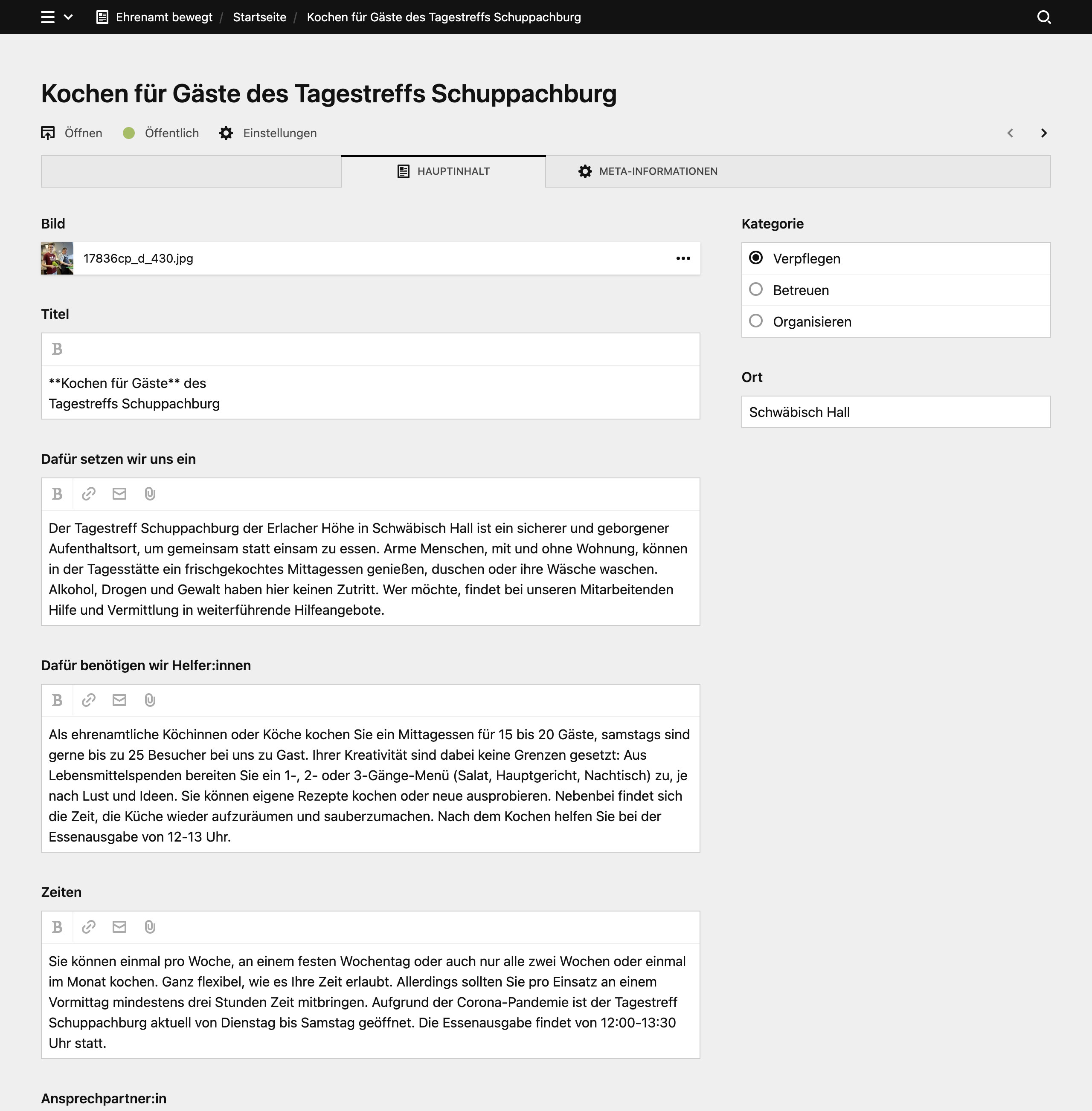 Backend screenshot of ehrenamt.erlacher-hoehe.de