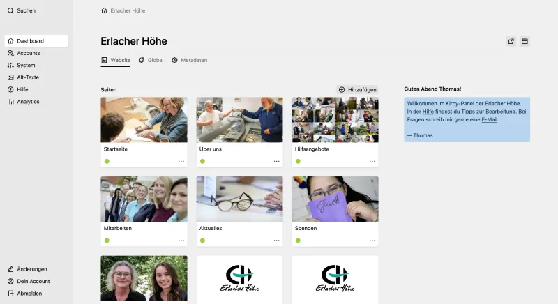 Kirby Panel dashboard with a pages section and an info field welcoming backend users.
