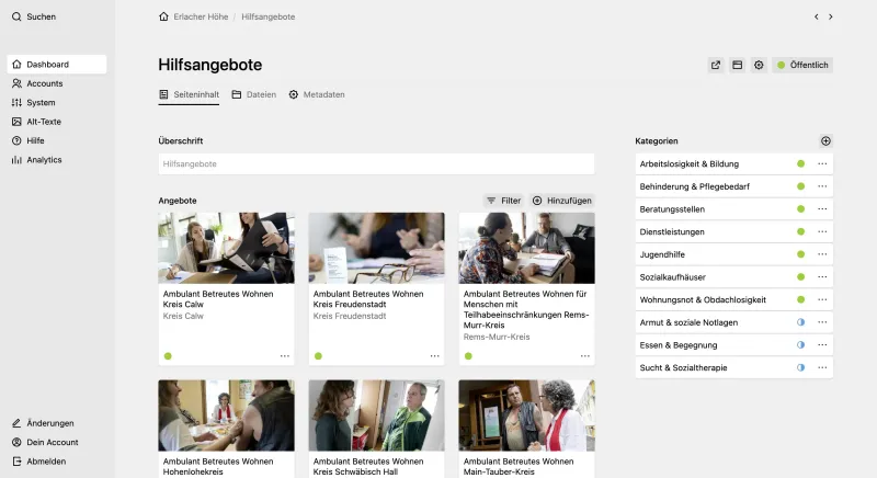Panel page for "Hilfsangebote"/"Services" showing a headline field, a pages section with services and a sidebar with a categories pages section.