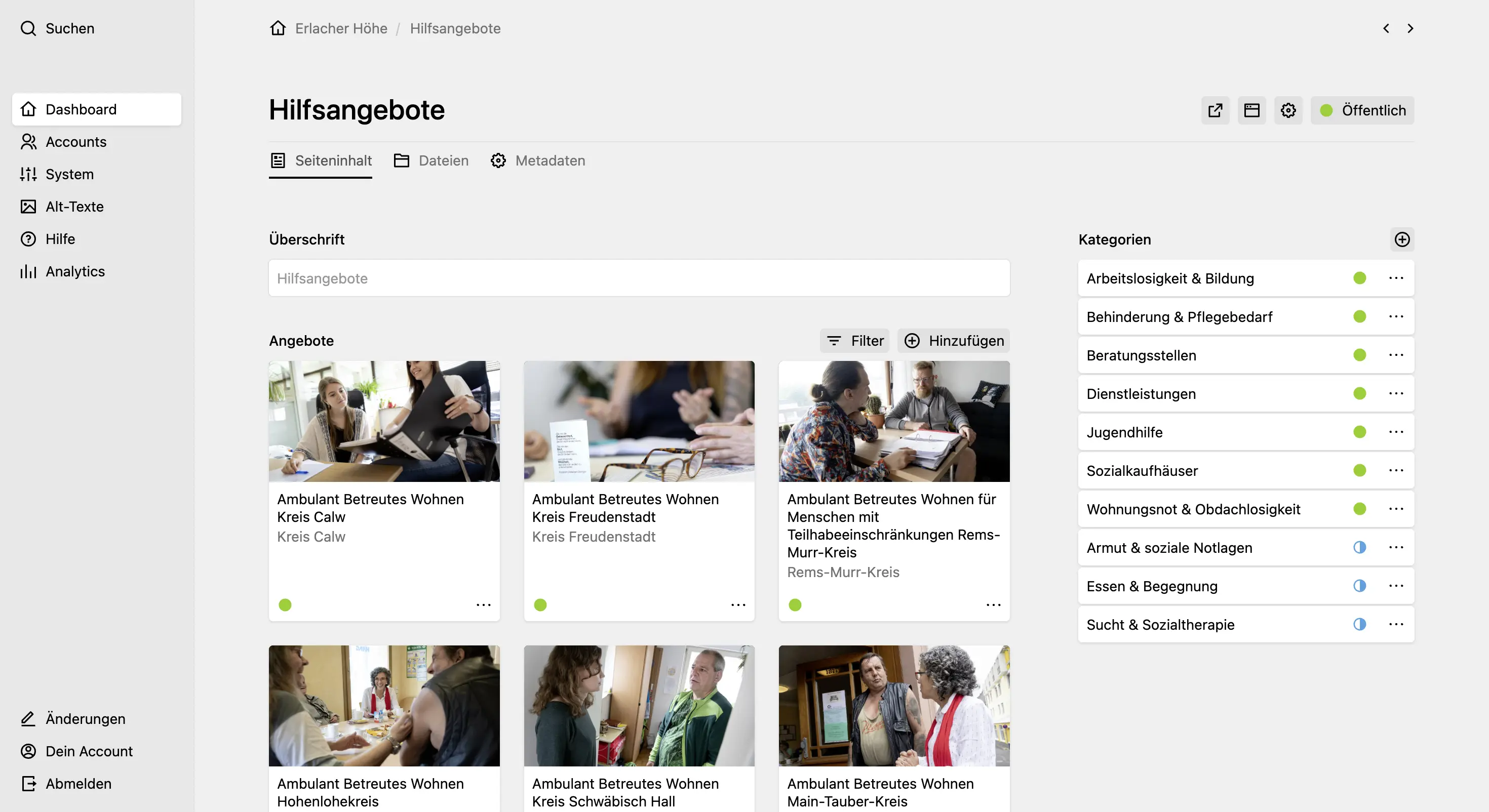 Panel page for "Hilfsangebote"/"Services" showing a headline field, a pages section with services and a sidebar with a categories pages section.