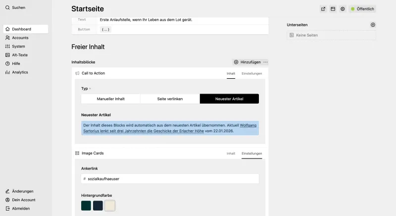 Panel page for "Startseite"/"Home" showing a blocks field with a Call to Action and an Image Cards block.