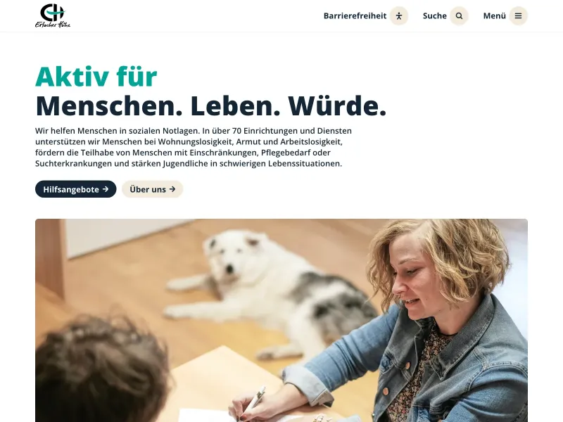 Screenshot of the Erlacher H&ouml;he website with a big headline "Aktiv f&uuml;r Menschen. Leben. W&uuml;rde.", two buttons and a big hero image.